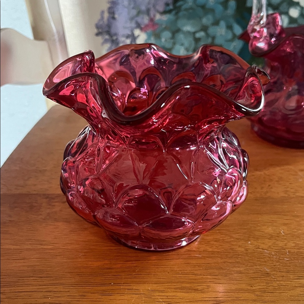 Vintage Fenton Cranberry Glass Rose Bowl. Glows under 365 nm